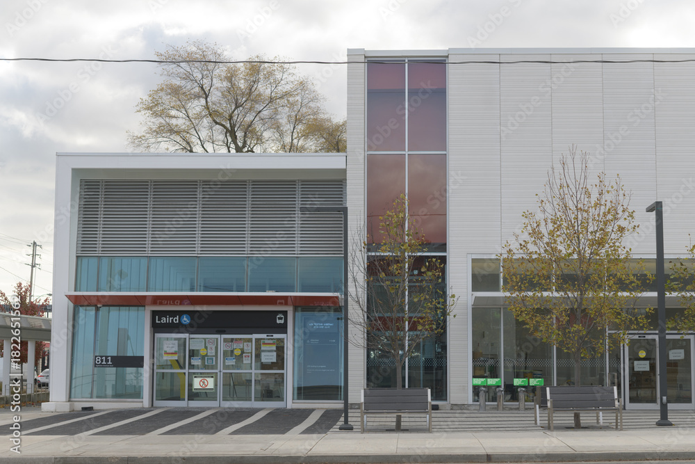 Fototapeta premium exterior of Laird LRT Station, Eglinton Crosstown, located at 819 Eglinton Av E, Toronto
