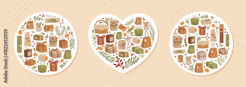 Heart shape in flat craft vintage style with sticker and ribbon. Unique present concept using kraft package, box motif and gift decor for modern design or seasonal packaging collection.