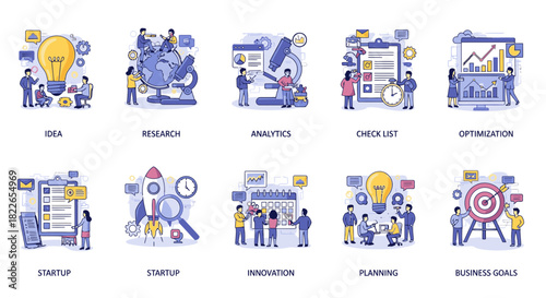 Business strategy concepts for startups and innovation with idea generation, research, analytics, check list, optimization, planning, and business goals