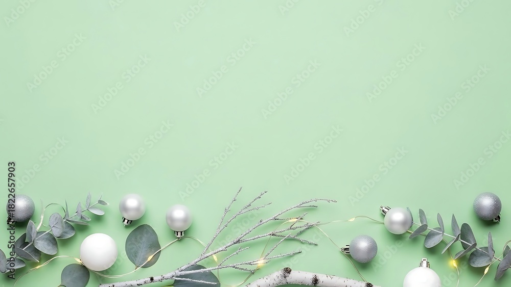 Obraz premium Winter holiday flat lay with ornaments, eucalyptus, and lights