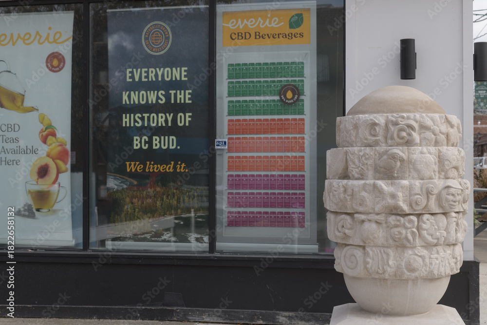 Fototapeta premium stone sculpture called EG by Austin Emery and Everie cannabis product at Heddington Av and Eglinton Av W, Toronto
