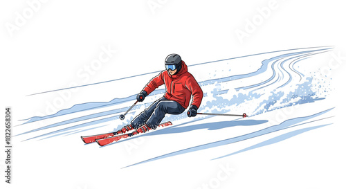 Illustration of a skier carving down a pristine snowy slope