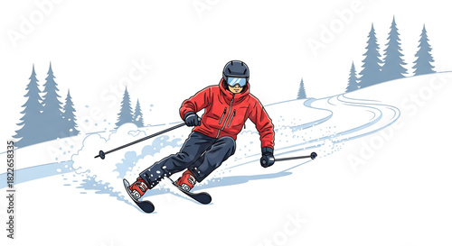 Cartoon skier speeding downhill through snow-covered mountain with trees