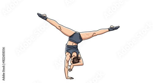 Cartoon woman doing a handstand with her legs apart gracefully