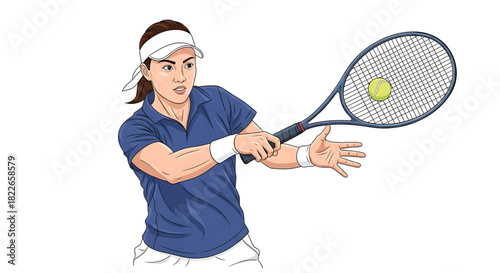 Animated tennis player in action with racquet and yellow ball.