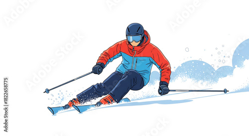 Dynamic downhill skiing vector illustration showing skilled athletic performance