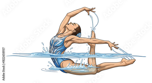 Graceful synchronized swimmer performing complex routine in water art illustration.