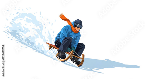 Sledding down a snowy hill in winter, a happy experience portrayed