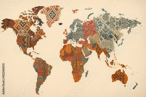 Stylized world map filled with traditional textile patterns representing global cultural diversity and heritage.