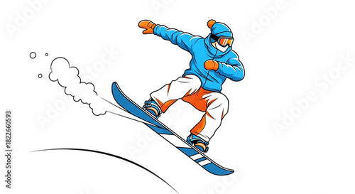 Stylized snowboarder in action, isolated with snow particles around the board.