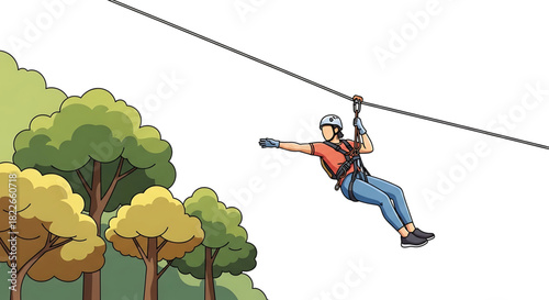 Adventurous Woman Enjoying Zip Line Adventure Surrounded by Lush Green Forest