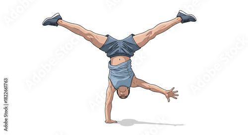 Cartoon athlete demonstrating impressive handstand with wide leg split exercise.