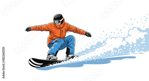 A skilled snowboarder carves through powder in a dynamic action illustration.