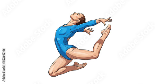 Artistic Gymnastics Leotard Woman in Dynamic Leap against a White Backdrop