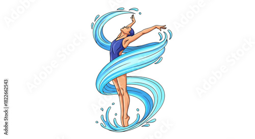 Graceful water ballet dancer surrounded by blue water animation art.