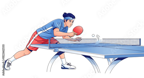 Animated man playing table tennis with focus and determination on white