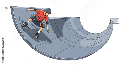 Skateboarder in action on halfpipe at skatepark, illustration style.