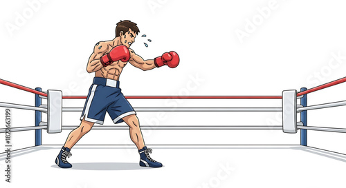 Cartoon boxer throwing a punch in the boxing ring, ready to fight.