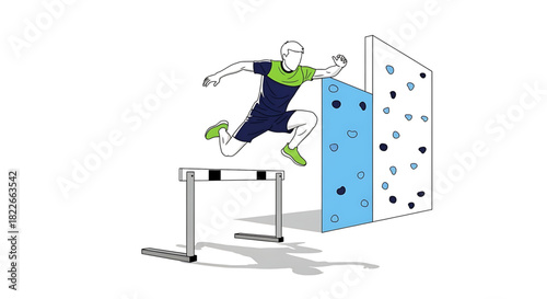 Agile athlete leaps over hurdles to tackle the climbing wall obstacle.