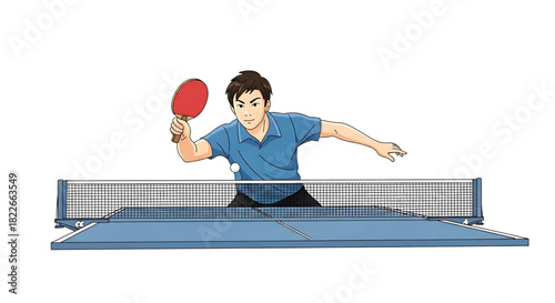 Dynamic ping pong action: Man playing table tennis competitively, in action.