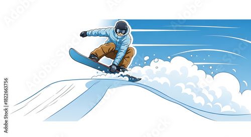 Snowboarder executing a jump on a winter day, illustration