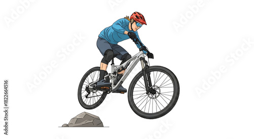 Mountain biker tackling a rocky obstacle with skill and determination.