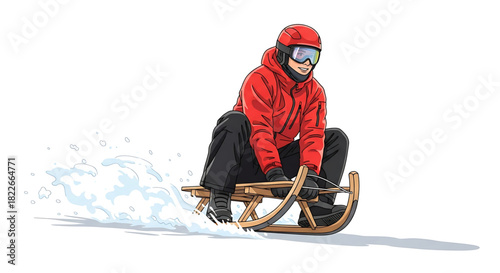 Cartoon Sledder Gliding Down Snowy Hill, Winter Recreation and Fun