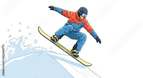 Snowboarder soaring gracefully in stylized illustration against a clean white backdrop.