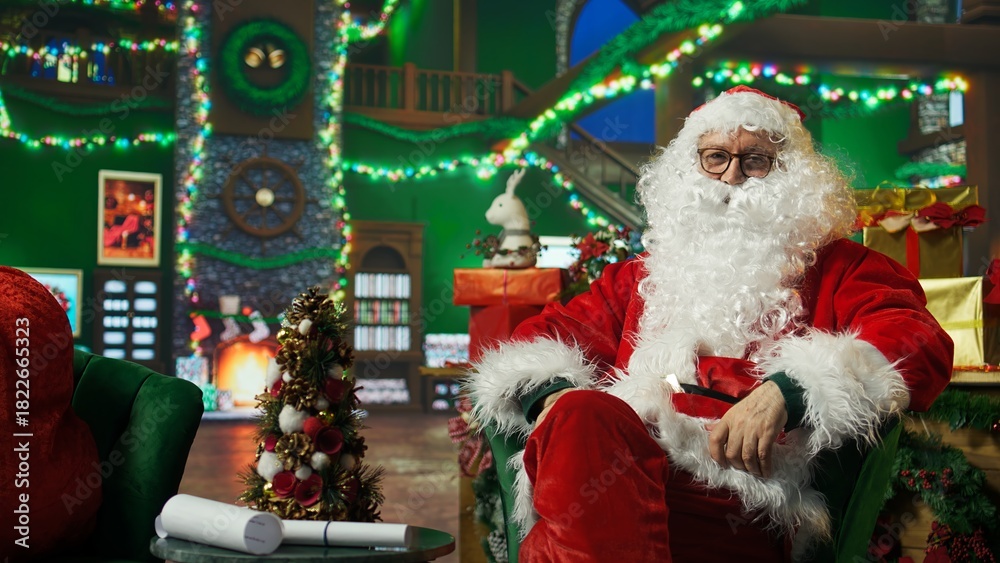 Obraz premium POV of Santa Claus doing online videocall with kids who has been nice this year. Elderly person wearing fake beard doing internet videoconference, preparing to visit children, camera A
