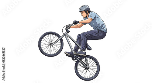 Cartoon of a trial biker performing stunts on white background