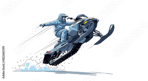 Snowmobile airborne with rider, cartoon style illustration on white background