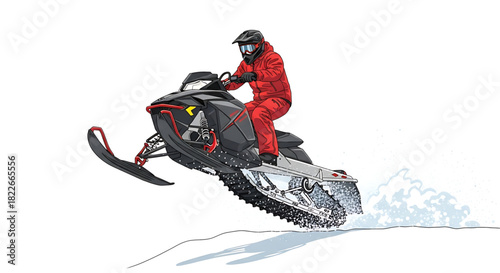 Snowmobile rider in air, exciting winter adventure in snowy landscape