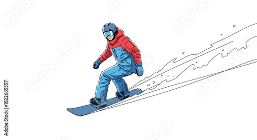 Dynamic snowboarder artwork gliding downhill with speed and style on white background