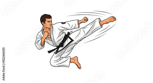 Dynamic Karate Master: Powerful Side Kick in White Gi, Cartoon Style