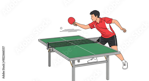Illustrated table tennis player poised to strike the ball with power.