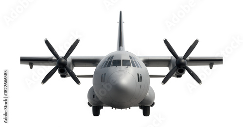 Military turboprop transport aircraft with unique nose radome and rear cargo access.