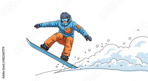 Energetic snowboarder illustration mid-air during an exhilarating winter adventure day