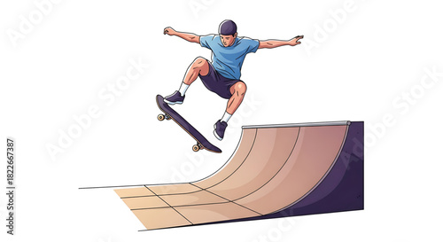 Skateboarder Flying High: Artistic Depiction of Extreme Sports and Skill