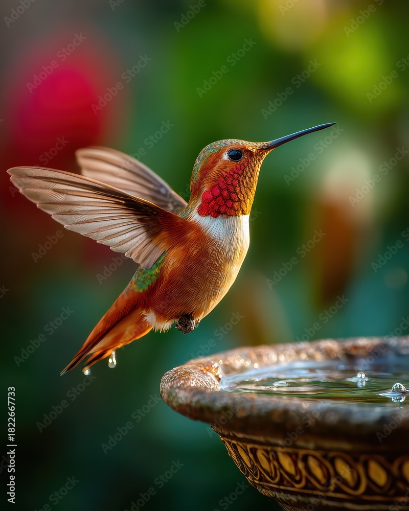 Fototapeta premium Hummingbird hovering near colorful flower closeup studio photo