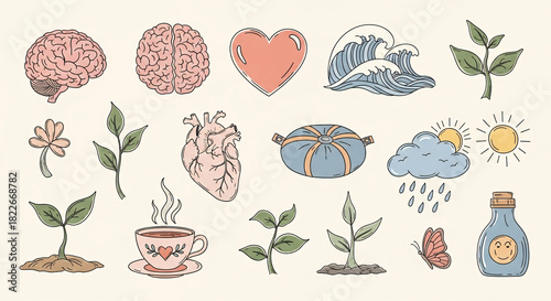 A set of gentle hand-drawn illustrations for mental health and self-care. Includes doodles of brains, hearts, calming waves, meditation cushions, teacups, rain clouds with sun, and growth symbols. 