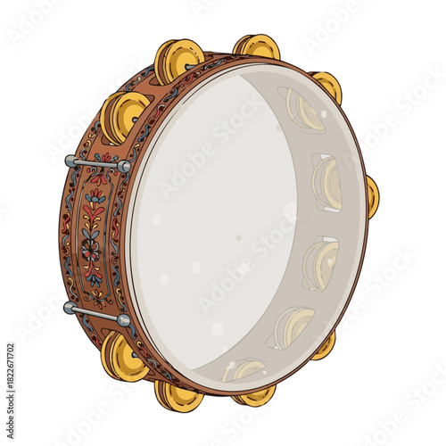 Ornate tambourine with golden jingles and decorative design  