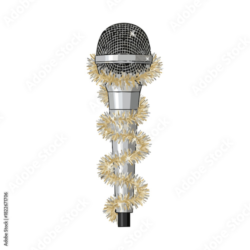 Microphone wrapped in tinsel with festive decoration for Holiday Music  