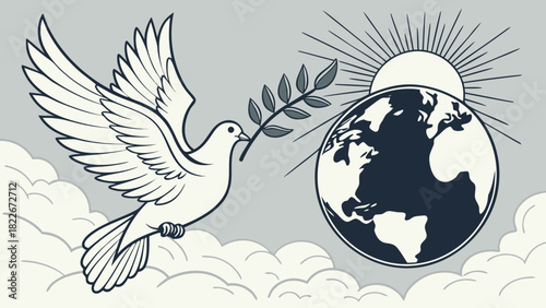 Dove of peace with globe vector illustration, symbolizing world love and freedom in flight