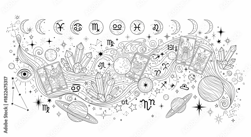 Obraz premium A mystical hand-drawn set of astrology and esoteric symbols. Includes zodiac signs, moons, stars, crystals, tarot cards, eyes, and magical planets. Intricate and celestial line art.