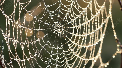 Dew Drops On Spiderweb With Golden Light Bokeh Background
