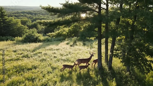 Deer Family Runs Through Sunlit Field at Golden Hour Footage
