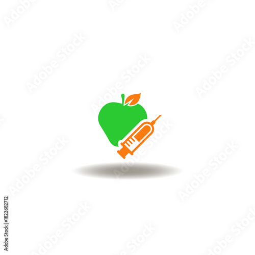 Vector illustration of apple and syringe. Symbol of diet nutrition and drug therapy as an integrated approach to treatment.