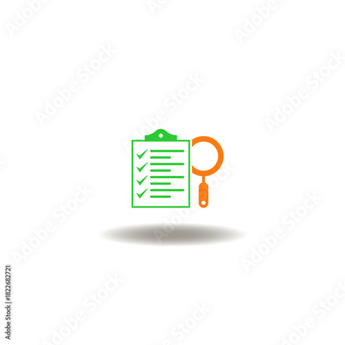 Vector illustration of checklist and magnifying glass. Symbol of choice different options. Icon of business planning and compliant.