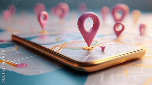 Smartphone with map, 3D Map pins, GPS, navigator pin checking points, 3D World Map icon, technology and application mobile smart phone with mobile, delivery tracking, transportation, generate by AI