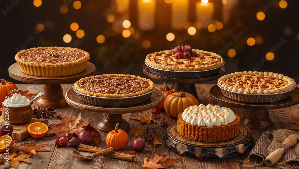 Fototapeta premium Assorted Pies with Autumnal Decor on Wooden Table